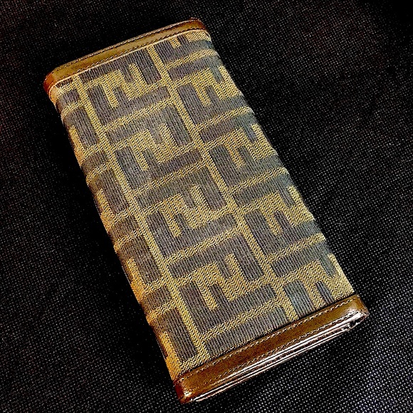 FENDI Zucca Navy Canvas and Brown Leather Snap Wallet 8 Credit Cards 4 Billfolds - Picture 4 of 16